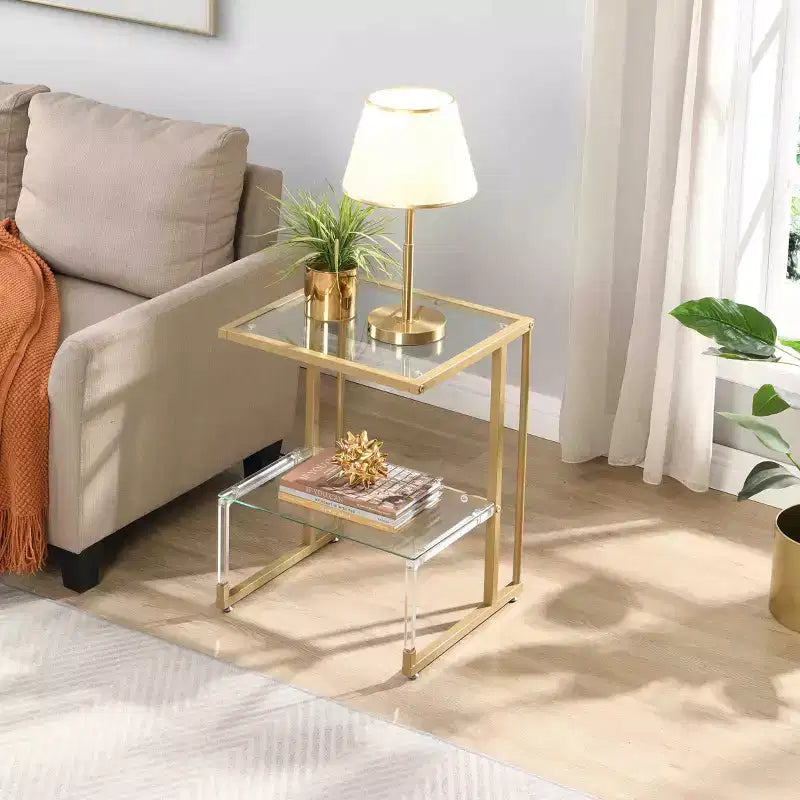 Table d'appoint moderne en C à 2 niveaux avec plateau et étagère en verre, table d'appoint avec cadre en métal, table de canapé pour salon, chambre, doré