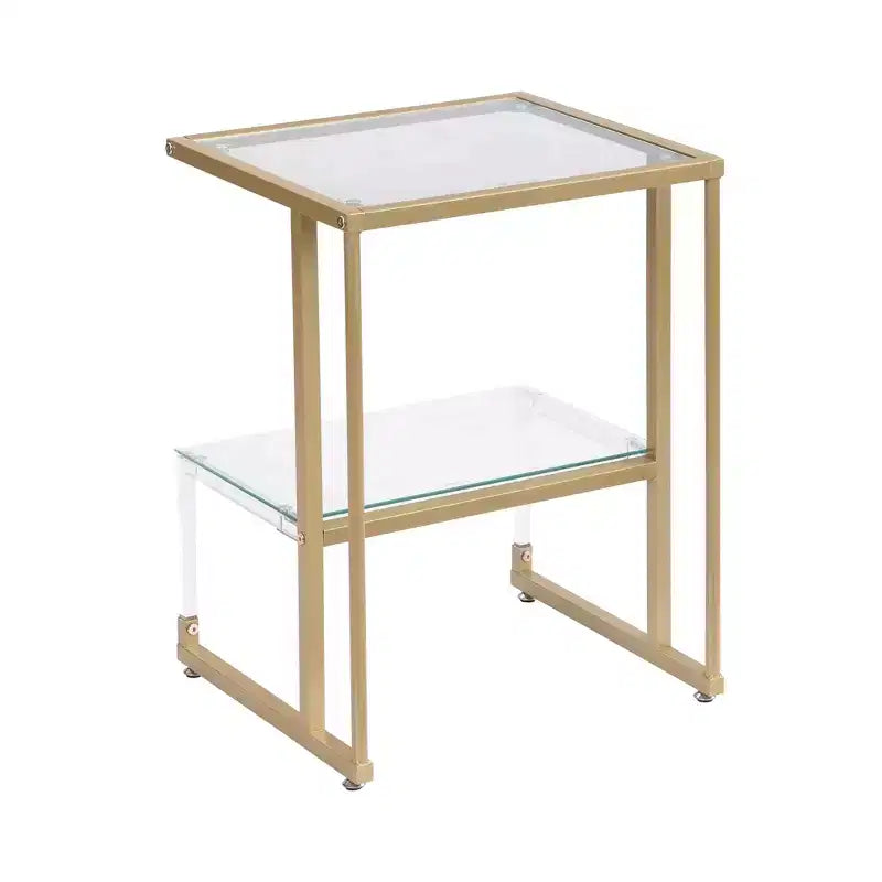 Table d'appoint moderne en C à 2 niveaux avec plateau et étagère en verre, table d'appoint avec cadre en métal, table de canapé pour salon, chambre, doré