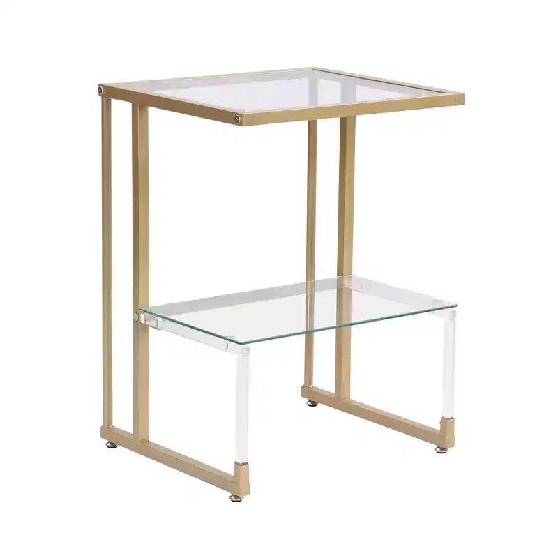 Table d'appoint moderne en C à 2 niveaux avec plateau et étagère en verre, table d'appoint avec cadre en métal, table de canapé pour salon, chambre, doré