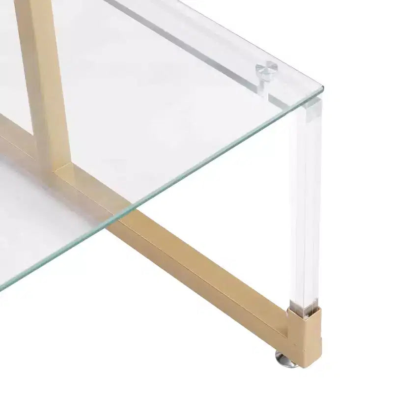 Table d'appoint moderne en C à 2 niveaux avec plateau et étagère en verre, table d'appoint avec cadre en métal, table de canapé pour salon, chambre, doré