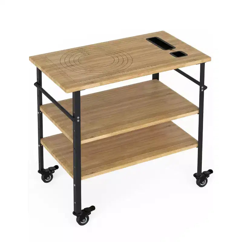 Pizza Oven Table, Outdoor Grill Table with 4 Wheels, Bamboo Wood Outdoor Bar Cart Dining Prep Table with Wine and Glasses Rack, Three-Shelf Table