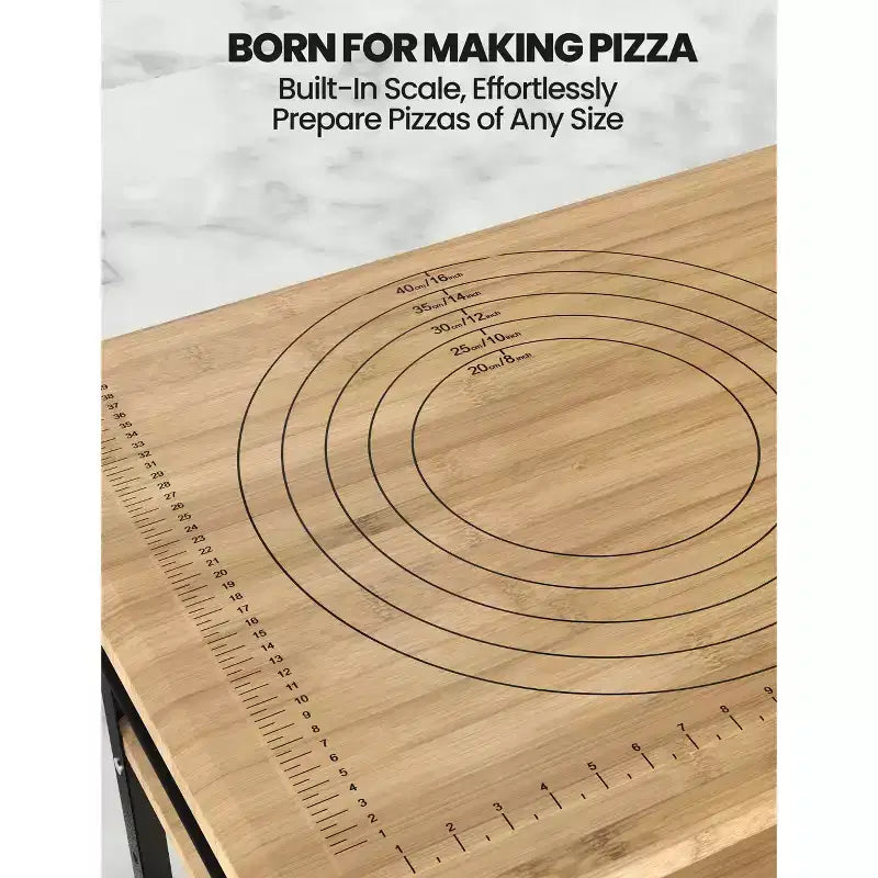 Table pour four à pizza, Table de grill extérieur avec 4 roues, Chariot de bar extérieur en bois de bambou avec porte-bouteilles et verres, Table à trois étagères