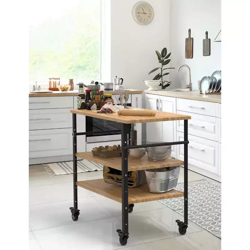 Table pour four à pizza, Table de grill extérieur avec 4 roues, Chariot de bar extérieur en bois de bambou avec porte-bouteilles et verres, Table à trois étagères