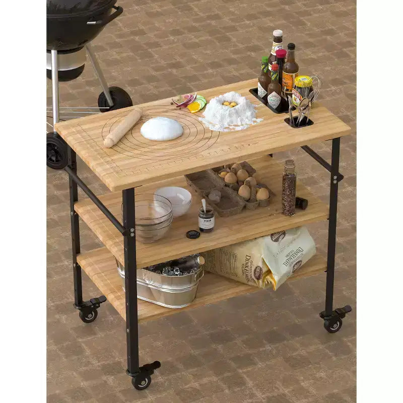 Table pour four à pizza, Table de grill extérieur avec 4 roues, Chariot de bar extérieur en bois de bambou avec porte-bouteilles et verres, Table à trois étagères