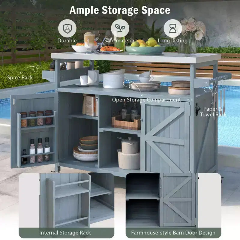 Îlot de cuisine extérieur avec plateau en acier inoxydable, chariot de cuisine en bois avec portes, étagères et porte-épices, îlot de cuisine roulant