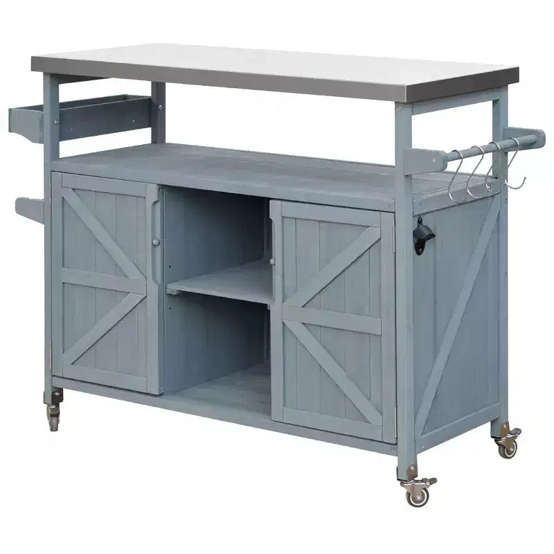 Îlot de cuisine extérieur avec plateau en acier inoxydable, chariot de cuisine en bois avec portes, étagères et porte-épices, îlot de cuisine roulant