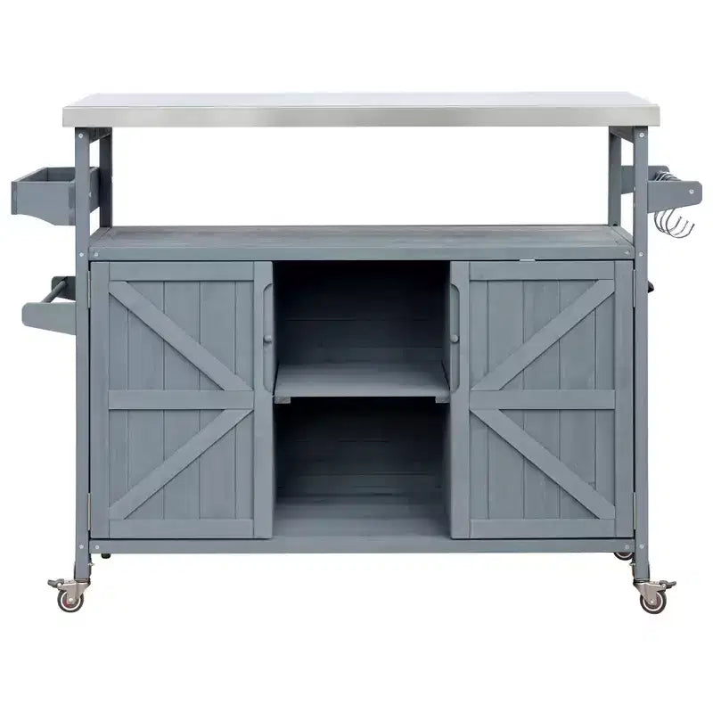 Îlot de cuisine extérieur avec plateau en acier inoxydable, chariot de cuisine en bois avec portes, étagères et porte-épices, îlot de cuisine roulant