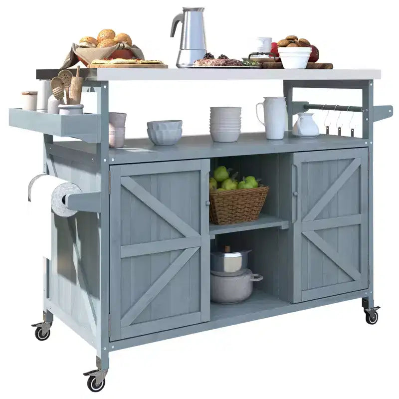Îlot de cuisine extérieur avec plateau en acier inoxydable, chariot de cuisine en bois avec portes, étagères et porte-épices, îlot de cuisine roulant