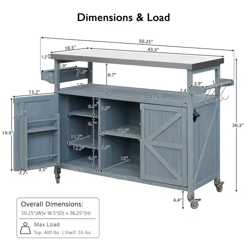 Îlot de cuisine extérieur avec plateau en acier inoxydable, chariot de cuisine en bois avec portes, étagères et porte-épices, îlot de cuisine roulant