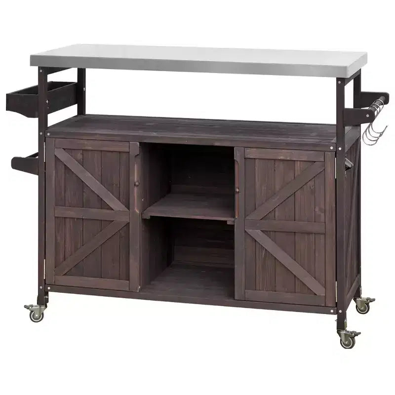 Îlot de cuisine extérieur avec plateau en acier inoxydable, chariot de cuisine en bois avec portes, étagères et porte-épices, îlot de cuisine roulant