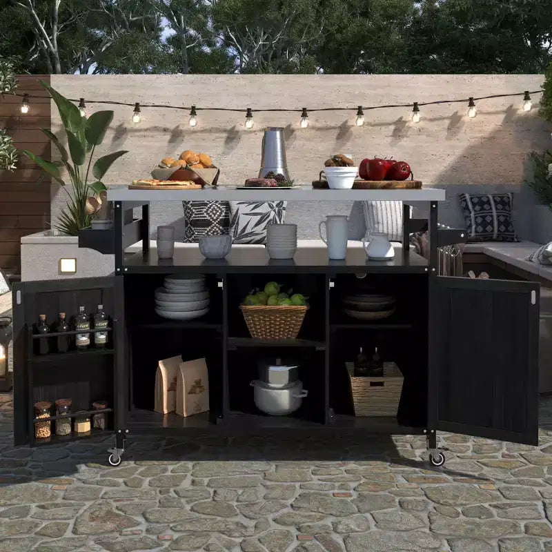 Îlot de cuisine extérieur avec plateau en acier inoxydable, chariot de cuisine en bois avec portes, étagères et porte-épices, îlot de cuisine roulant
