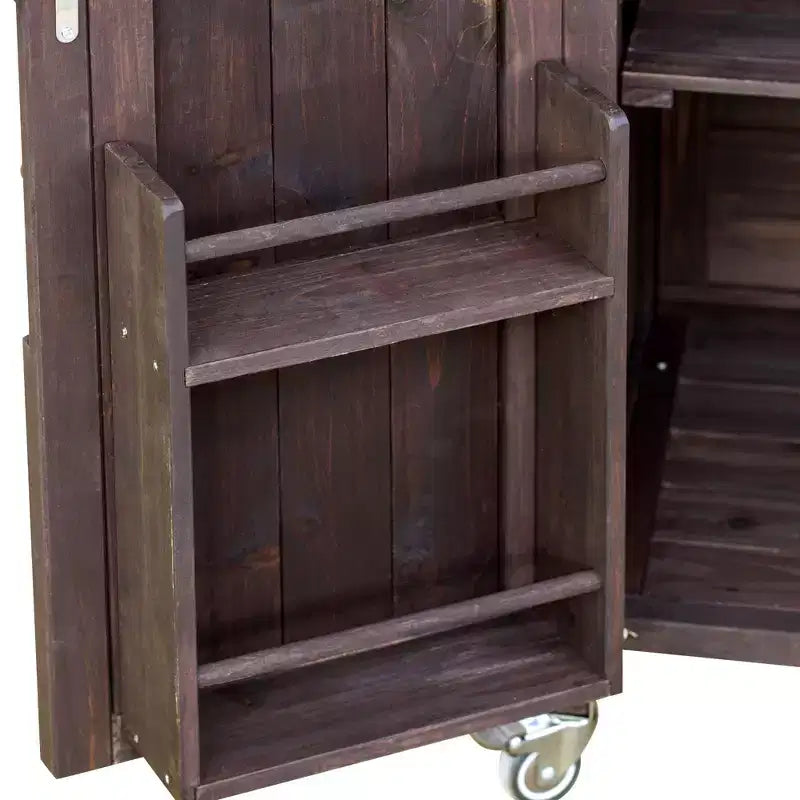 Îlot de cuisine extérieur avec plateau en acier inoxydable, chariot de cuisine en bois avec portes, étagères et porte-épices, îlot de cuisine roulant