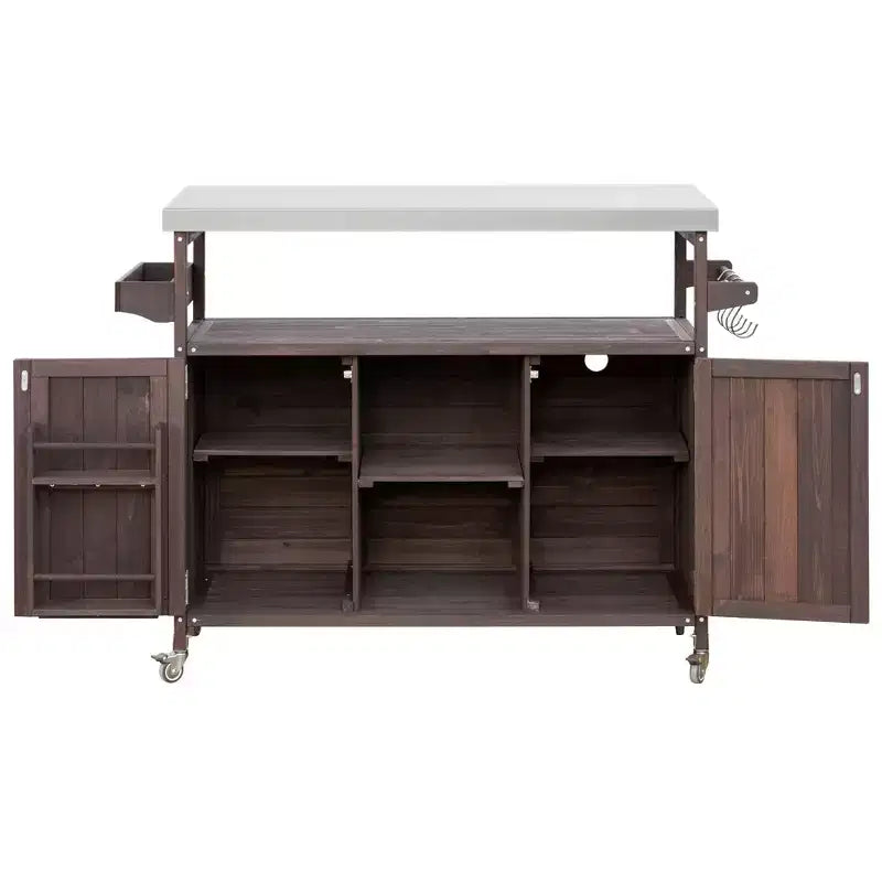 Îlot de cuisine extérieur avec plateau en acier inoxydable, chariot de cuisine en bois avec portes, étagères et porte-épices, îlot de cuisine roulant