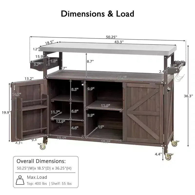 Îlot de cuisine extérieur avec plateau en acier inoxydable, chariot de cuisine en bois avec portes, étagères et porte-épices, îlot de cuisine roulant