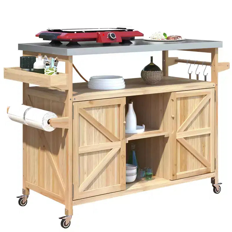 Îlot de cuisine extérieur avec plateau en acier inoxydable, chariot de cuisine en bois avec portes, étagères et porte-épices, îlot de cuisine roulant