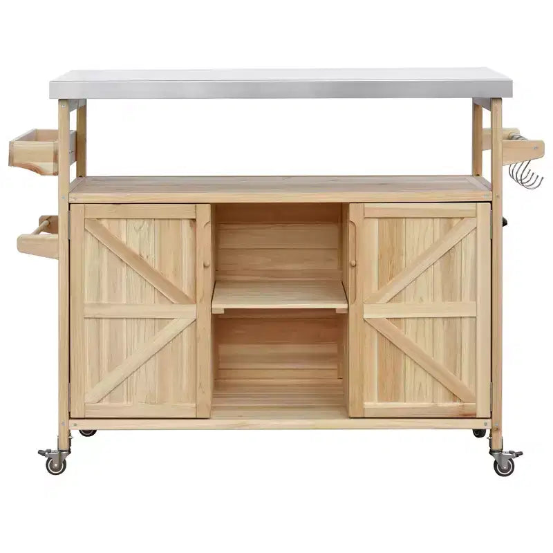 Îlot de cuisine extérieur avec plateau en acier inoxydable, chariot de cuisine en bois avec portes, étagères et porte-épices, îlot de cuisine roulant