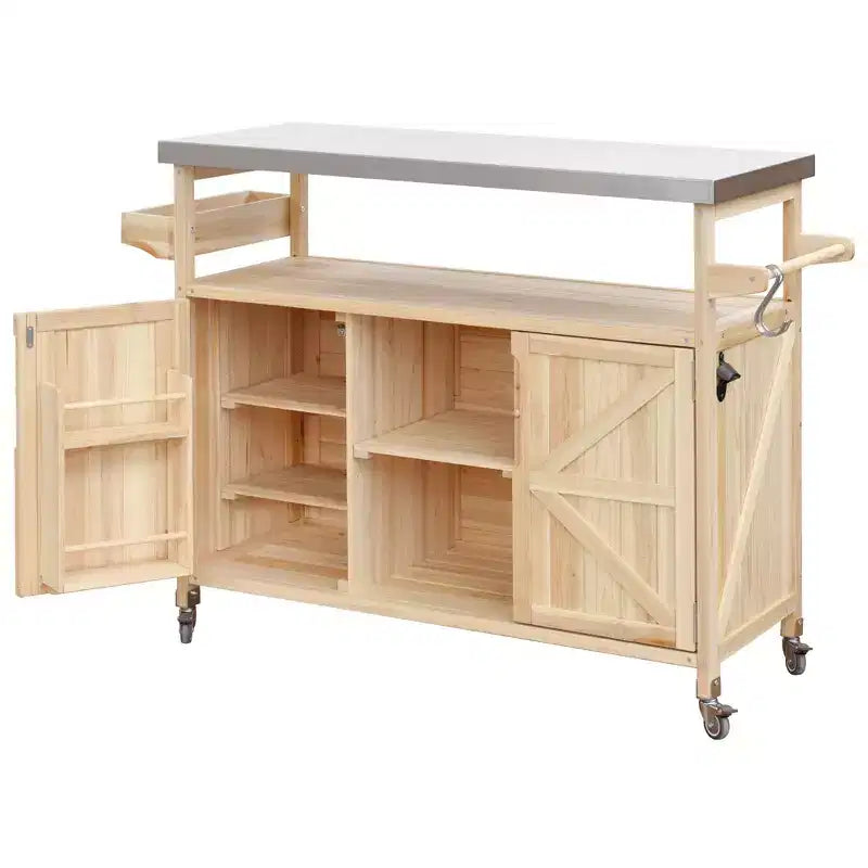 Îlot de cuisine extérieur avec plateau en acier inoxydable, chariot de cuisine en bois avec portes, étagères et porte-épices, îlot de cuisine roulant
