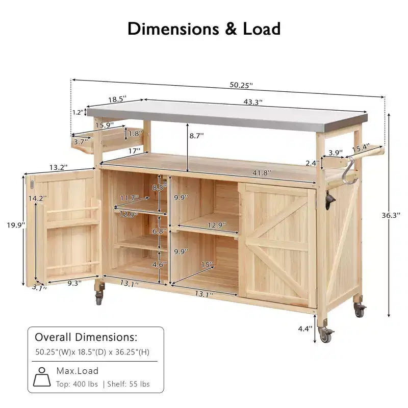 Îlot de cuisine extérieur avec plateau en acier inoxydable, chariot de cuisine en bois avec portes, étagères et porte-épices, îlot de cuisine roulant