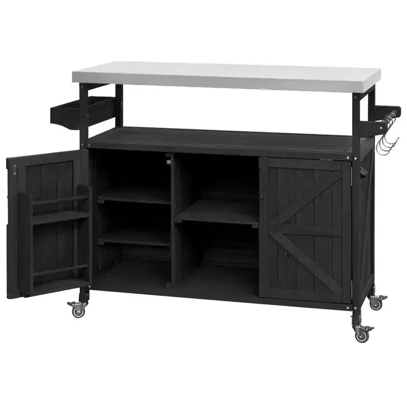 Îlot de cuisine extérieur avec plateau en acier inoxydable, chariot de cuisine en bois avec portes, étagères et porte-épices, îlot de cuisine roulant