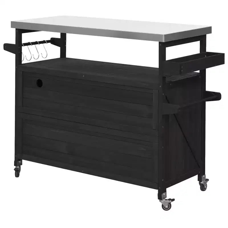 Îlot de cuisine extérieur avec plateau en acier inoxydable, chariot de cuisine en bois avec portes, étagères et porte-épices, îlot de cuisine roulant
