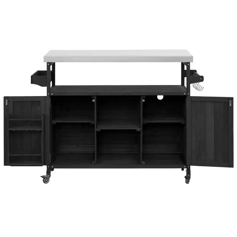 Îlot de cuisine extérieur avec plateau en acier inoxydable, chariot de cuisine en bois avec portes, étagères et porte-épices, îlot de cuisine roulant