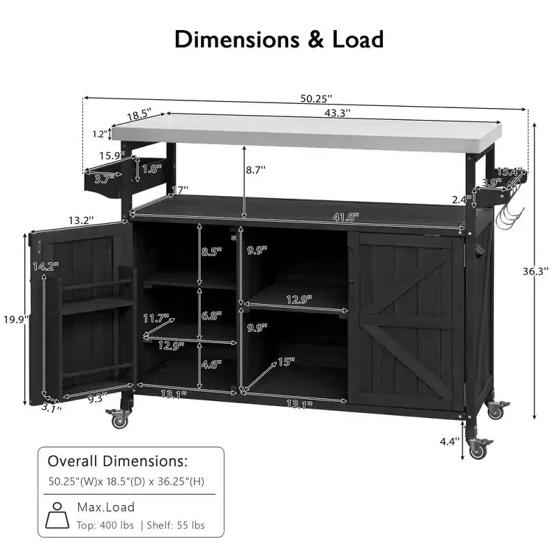 Îlot de cuisine extérieur avec plateau en acier inoxydable, chariot de cuisine en bois avec portes, étagères et porte-épices, îlot de cuisine roulant