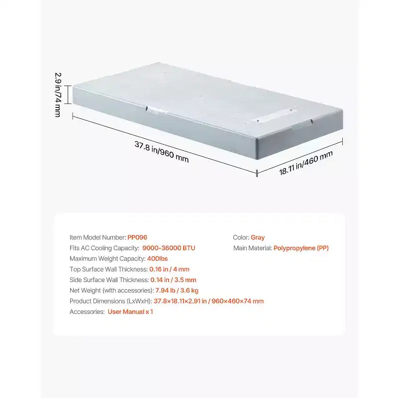 Patins pour mini-split, pour systèmes de climatisation sans conduit avec pompe à chaleur de 9000-36000 BTU, patins anti-vibration pour équipement de condenseur de 38 x 18 x 3 pouces, gris