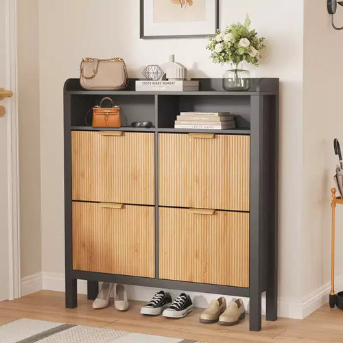 Meuble à chaussures 4 tiroirs avec plateau basculant - MDF thermoformé avec motif ondulé, rangement à double compartiment, idéal pour les balcons et les débarras