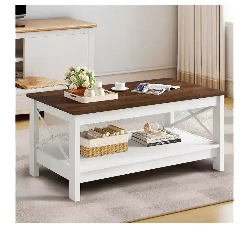 Table basse de ferme avec rangement en bois à 2 niveaux, table basse de salon, blanche