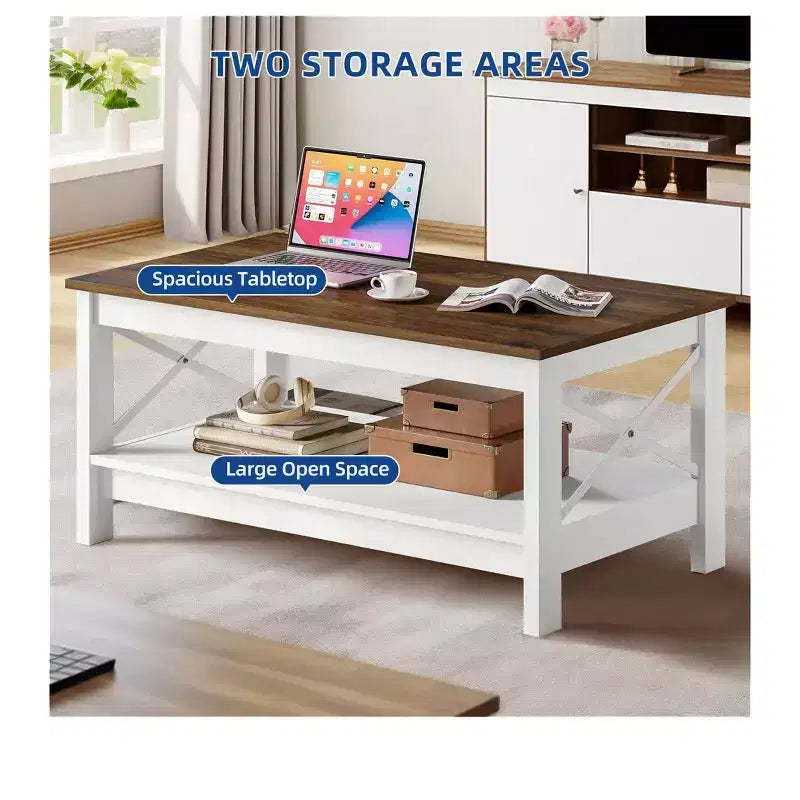 Table basse de ferme avec rangement en bois à 2 niveaux, table basse de salon, blanche