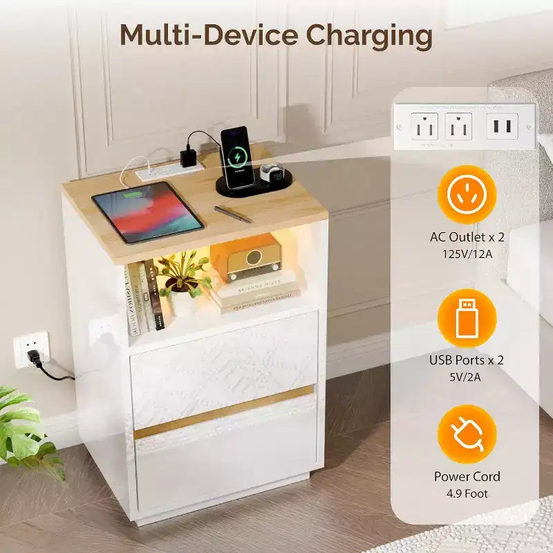 Table de chevet blanche avec station de recharge, Table de chevet LED brillante avec tiroirs, Table d'appoint
