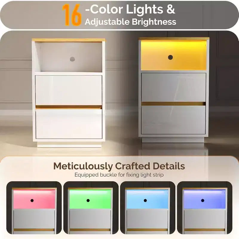 Table de chevet blanche avec station de recharge, Table de chevet LED brillante avec tiroirs, Table d'appoint