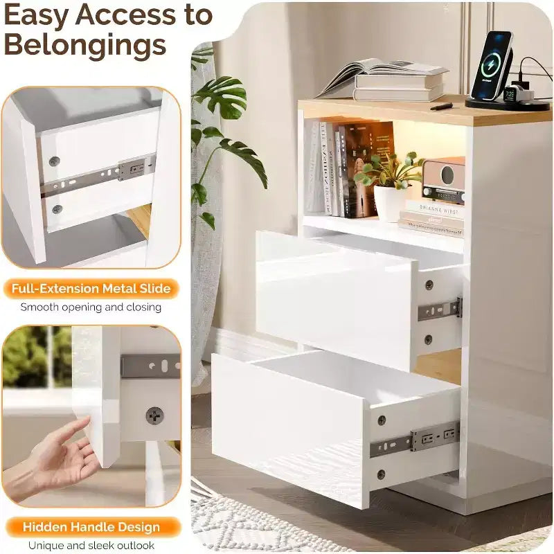 Table de chevet blanche avec station de recharge, Table de chevet LED brillante avec tiroirs, Table d'appoint
