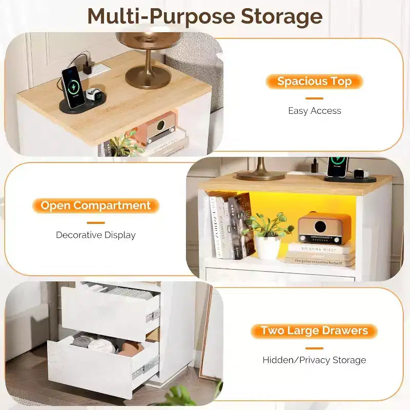 Table de chevet blanche avec station de recharge, Table de chevet LED brillante avec tiroirs, Table d'appoint
