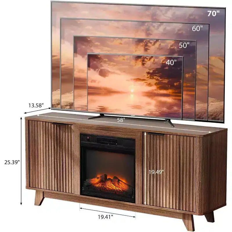 Meuble TV avec cheminée cannelée pour téléviseurs jusqu'à 70 pouces, centre de divertissement avec chauffage électrique et étagères réglables