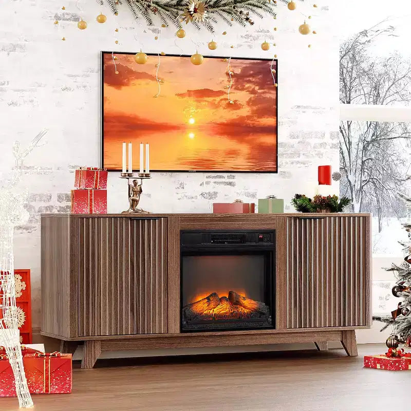 Meuble TV avec cheminée cannelée pour téléviseurs jusqu'à 70 pouces, centre de divertissement avec chauffage électrique et étagères réglables