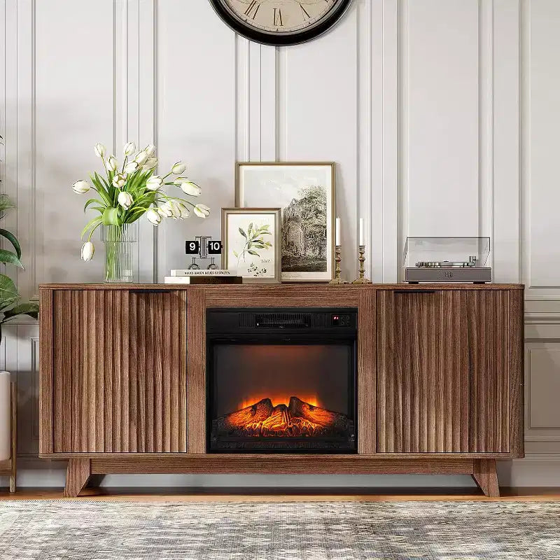 Meuble TV avec cheminée cannelée pour téléviseurs jusqu'à 70 pouces, centre de divertissement avec chauffage électrique et étagères réglables