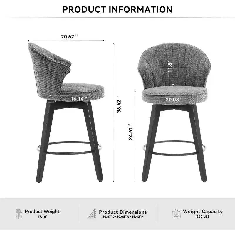 Tabourets de bar pivotants à dossier en forme d'aile avec assise rembourrée et pieds en bois, gris