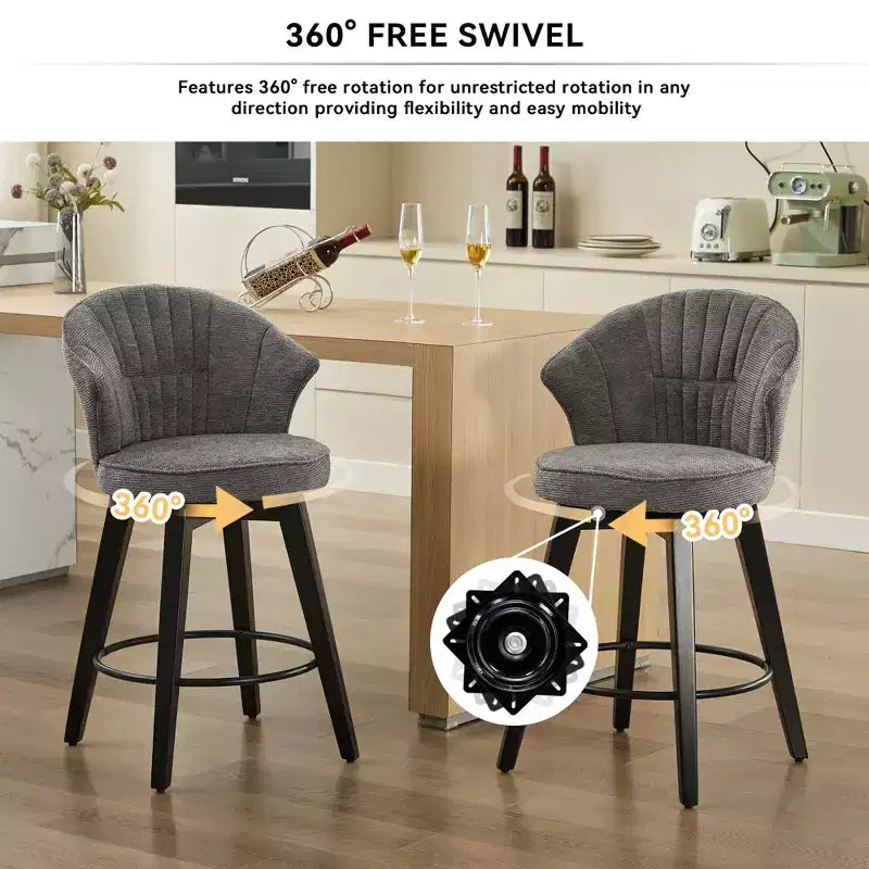 Tabourets de bar pivotants à dossier en forme d'aile avec assise rembourrée et pieds en bois, gris