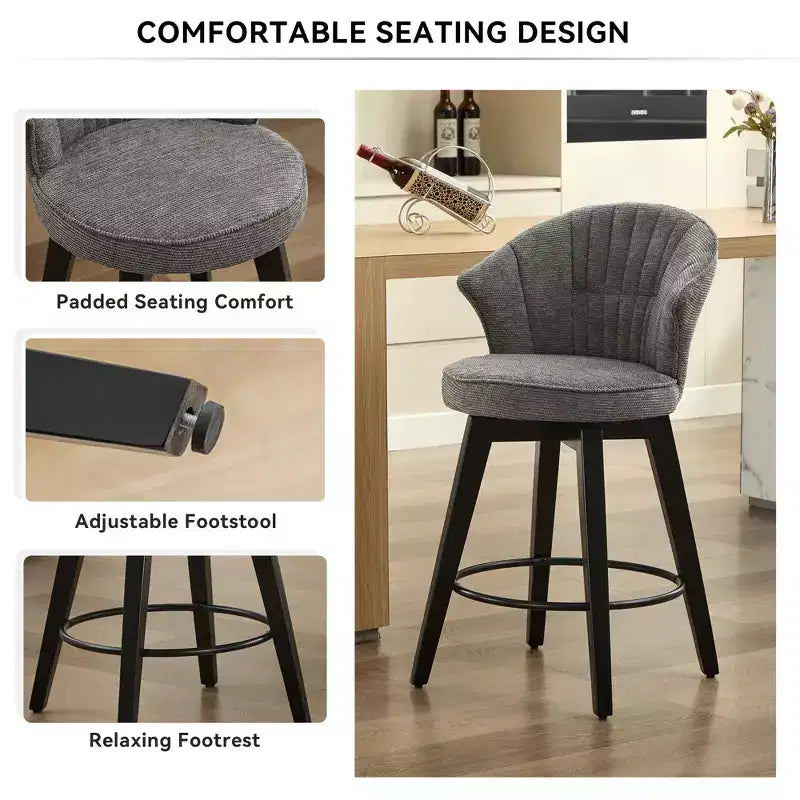 Tabourets de bar pivotants à dossier en forme d'aile avec assise rembourrée et pieds en bois, gris
