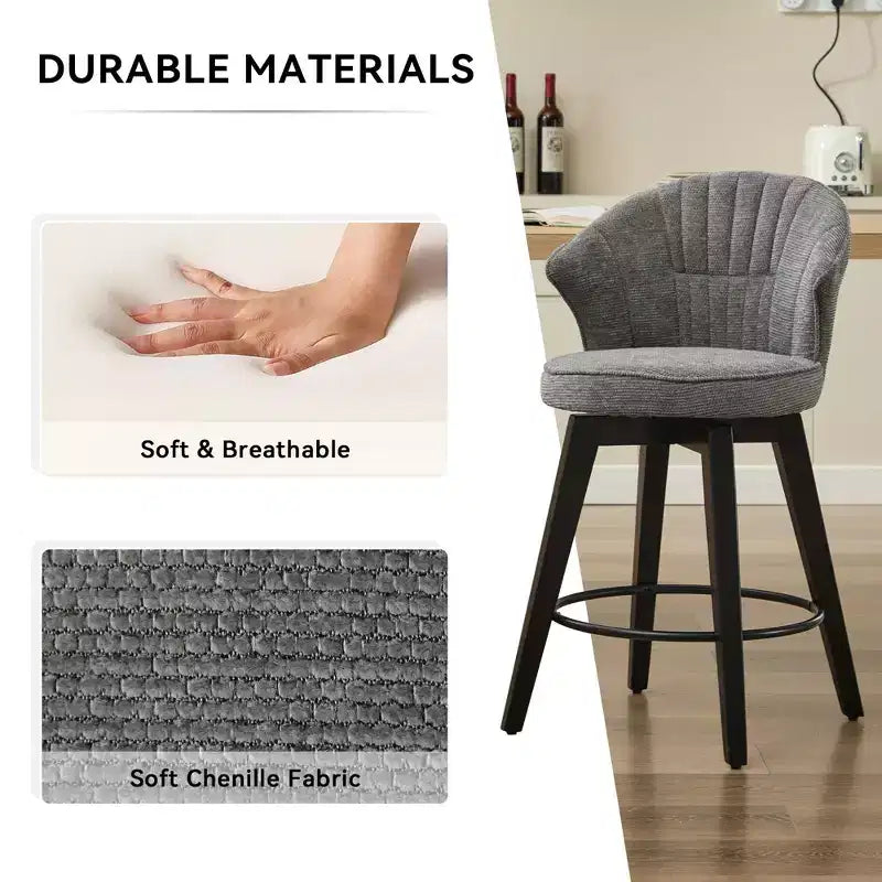 Tabourets de bar pivotants à dossier en forme d'aile avec assise rembourrée et pieds en bois, gris