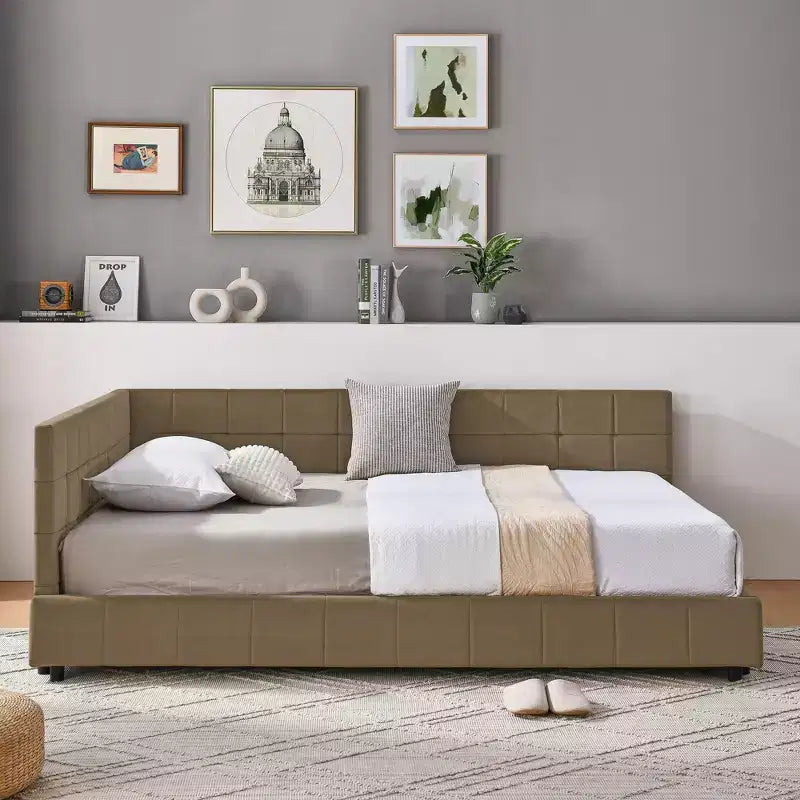 Cadre de lit capitonné pleine grandeur, cadre de lit de jour avec dossier et accoudoirs confortables, lit pleine grandeur pour chambre à coucher, salonMarron