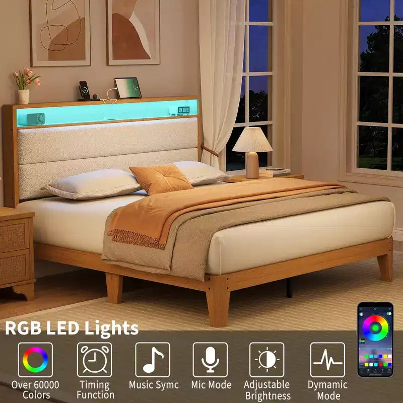 Cadre de lit en tissu bouclette avec éclairage LED RGB et station de charge, tête de lit de rangement à 2 niveaux et support robuste à lattes en bois