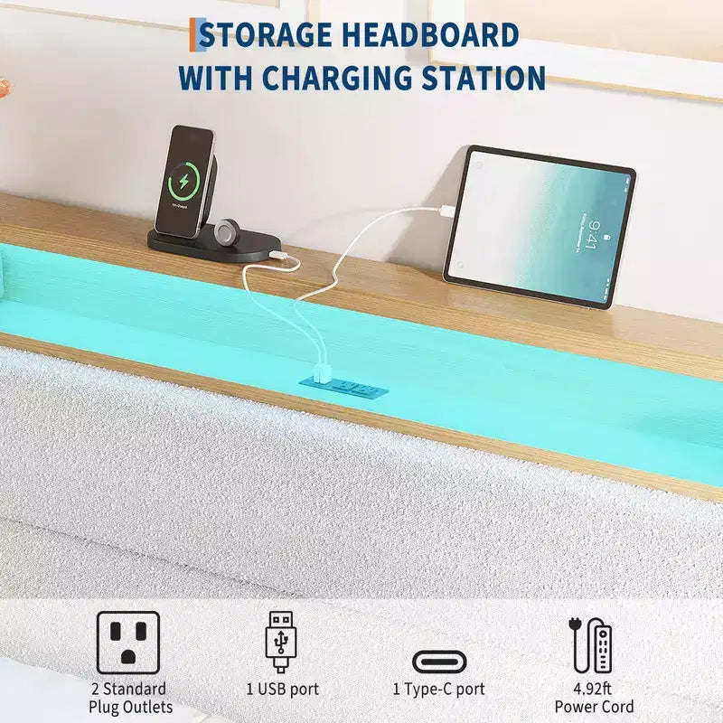 Cadre de lit en tissu bouclette avec éclairage LED RGB et station de charge, tête de lit de rangement à 2 niveaux et support robuste à lattes en bois
