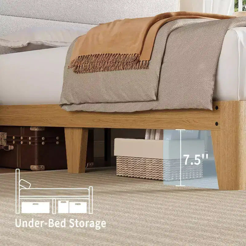 Cadre de lit en tissu bouclette avec éclairage LED RGB et station de charge, tête de lit de rangement à 2 niveaux et support robuste à lattes en bois