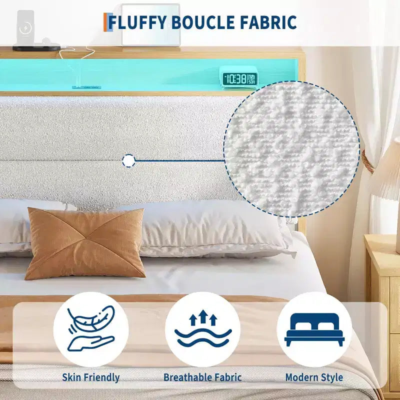 Cadre de lit en tissu bouclette avec éclairage LED RGB et station de charge, tête de lit de rangement à 2 niveaux et support robuste à lattes en bois