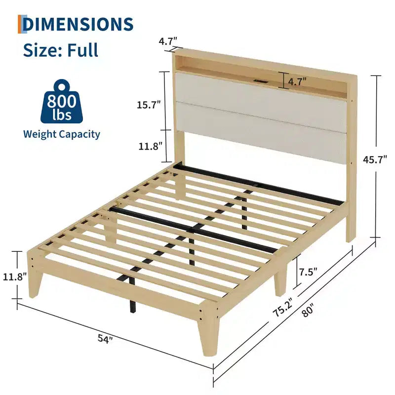 Cadre de lit en tissu bouclette avec éclairage LED RGB et station de charge, tête de lit de rangement à 2 niveaux et support robuste à lattes en bois