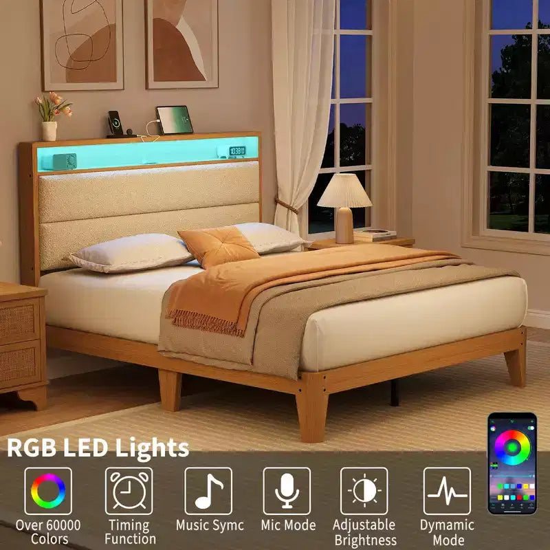 Cadre de lit en tissu bouclette avec éclairage LED RGB et station de charge, tête de lit de rangement à 2 niveaux et support robuste à lattes en bois
