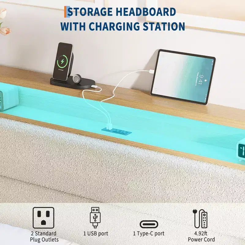 Cadre de lit en tissu bouclette avec éclairage LED RGB et station de charge, tête de lit de rangement à 2 niveaux et support robuste à lattes en bois