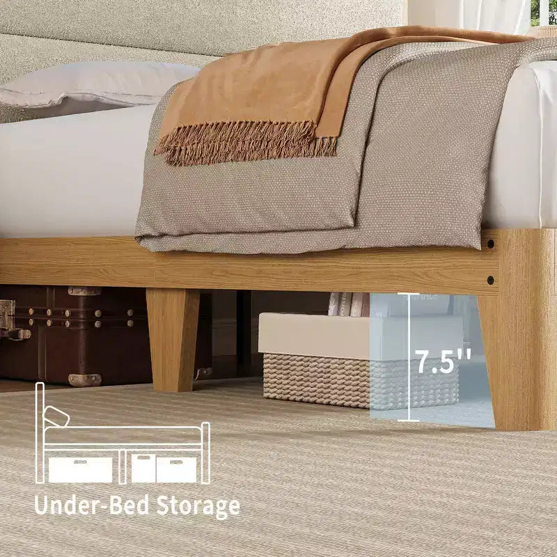 Cadre de lit en tissu bouclette avec éclairage LED RGB et station de charge, tête de lit de rangement à 2 niveaux et support robuste à lattes en bois